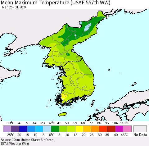 Korea Mean Maximum Temperature (USAF 557th WW) Thematic Map For 3/25/2024 - 3/31/2024