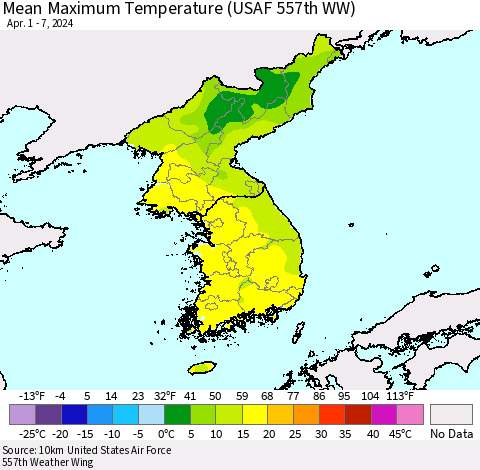 Korea Mean Maximum Temperature (USAF 557th WW) Thematic Map For 4/1/2024 - 4/7/2024