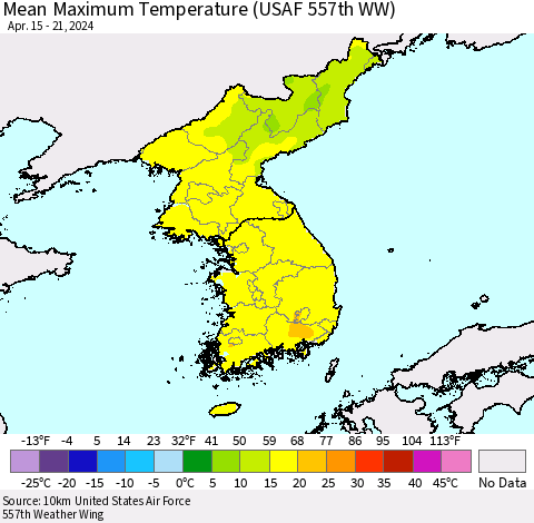 Korea Mean Maximum Temperature (USAF 557th WW) Thematic Map For 4/15/2024 - 4/21/2024