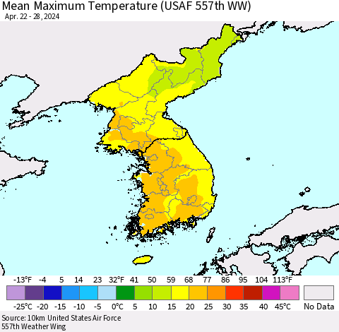 Korea Mean Maximum Temperature (USAF 557th WW) Thematic Map For 4/22/2024 - 4/28/2024