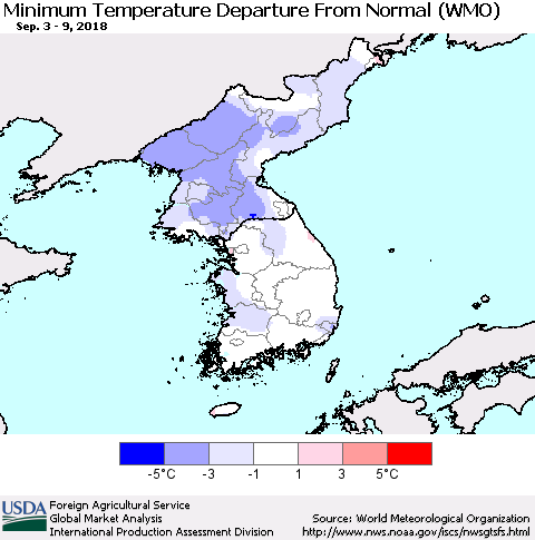 Korea Mean Minimum Temperature Departure from Normal (WMO) Thematic Map For 9/3/2018 - 9/9/2018