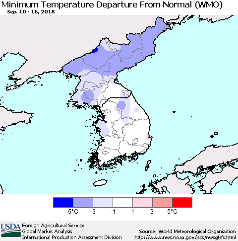 Korea Mean Minimum Temperature Departure from Normal (WMO) Thematic Map For 9/10/2018 - 9/16/2018