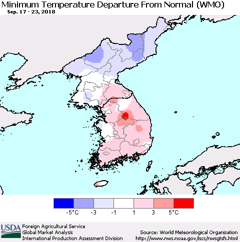 Korea Mean Minimum Temperature Departure from Normal (WMO) Thematic Map For 9/17/2018 - 9/23/2018