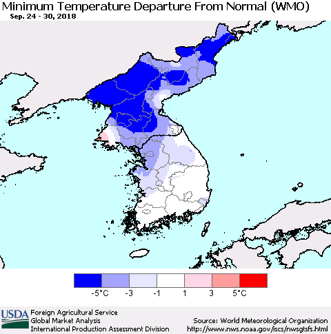 Korea Mean Minimum Temperature Departure from Normal (WMO) Thematic Map For 9/24/2018 - 9/30/2018