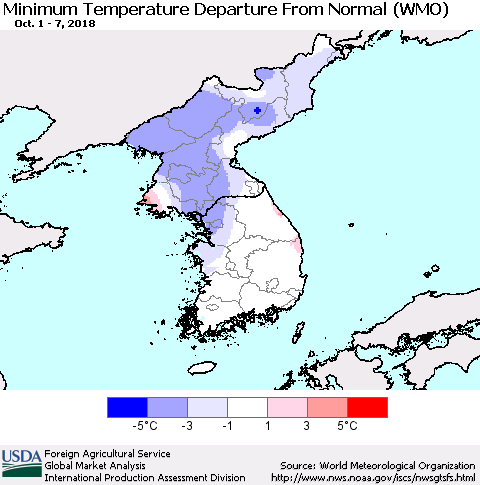 Korea Mean Minimum Temperature Departure from Normal (WMO) Thematic Map For 10/1/2018 - 10/7/2018
