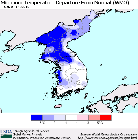 Korea Mean Minimum Temperature Departure from Normal (WMO) Thematic Map For 10/8/2018 - 10/14/2018