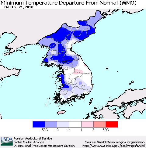 Korea Mean Minimum Temperature Departure from Normal (WMO) Thematic Map For 10/15/2018 - 10/21/2018