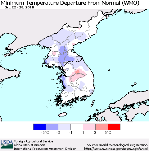 Korea Mean Minimum Temperature Departure from Normal (WMO) Thematic Map For 10/22/2018 - 10/28/2018