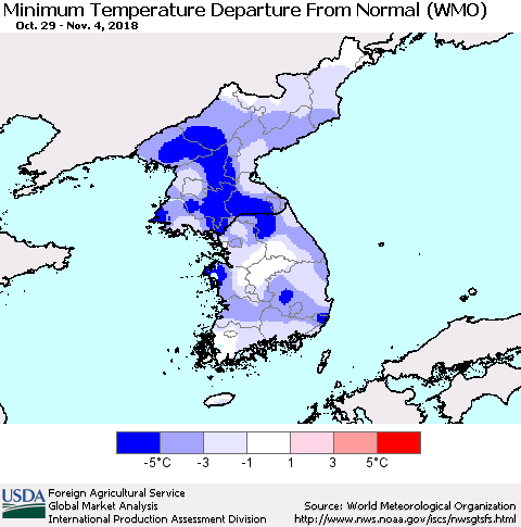 Korea Mean Minimum Temperature Departure from Normal (WMO) Thematic Map For 10/29/2018 - 11/4/2018