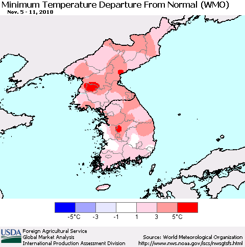 Korea Mean Minimum Temperature Departure from Normal (WMO) Thematic Map For 11/5/2018 - 11/11/2018