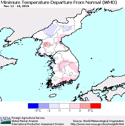 Korea Mean Minimum Temperature Departure from Normal (WMO) Thematic Map For 11/12/2018 - 11/18/2018