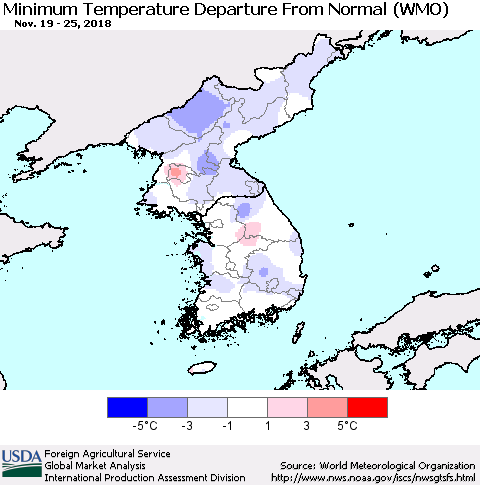 Korea Mean Minimum Temperature Departure from Normal (WMO) Thematic Map For 11/19/2018 - 11/25/2018
