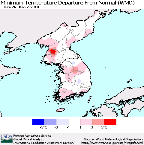 Korea Mean Minimum Temperature Departure from Normal (WMO) Thematic Map For 11/26/2018 - 12/2/2018