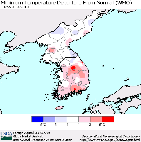 Korea Mean Minimum Temperature Departure from Normal (WMO) Thematic Map For 12/3/2018 - 12/9/2018