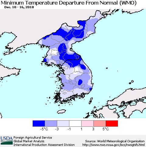Korea Mean Minimum Temperature Departure from Normal (WMO) Thematic Map For 12/10/2018 - 12/16/2018