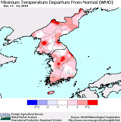 Korea Mean Minimum Temperature Departure from Normal (WMO) Thematic Map For 12/17/2018 - 12/23/2018