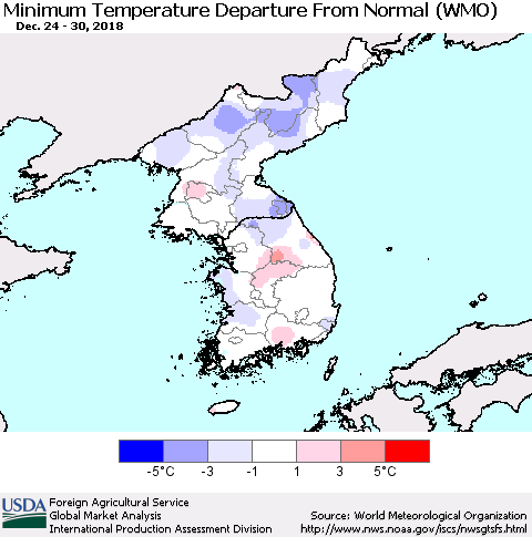 Korea Mean Minimum Temperature Departure from Normal (WMO) Thematic Map For 12/24/2018 - 12/30/2018