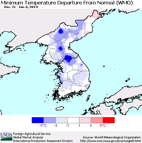 Korea Mean Minimum Temperature Departure from Normal (WMO) Thematic Map For 12/31/2018 - 1/6/2019