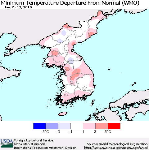 Korea Mean Minimum Temperature Departure from Normal (WMO) Thematic Map For 1/7/2019 - 1/13/2019