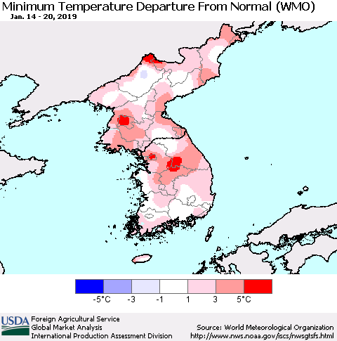 Korea Mean Minimum Temperature Departure from Normal (WMO) Thematic Map For 1/14/2019 - 1/20/2019