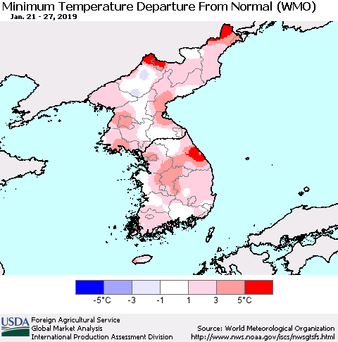 Korea Mean Minimum Temperature Departure from Normal (WMO) Thematic Map For 1/21/2019 - 1/27/2019
