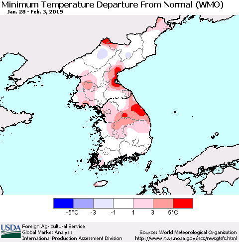 Korea Mean Minimum Temperature Departure from Normal (WMO) Thematic Map For 1/28/2019 - 2/3/2019