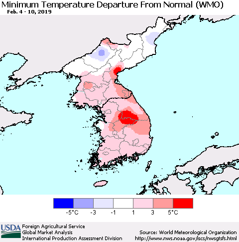 Korea Mean Minimum Temperature Departure from Normal (WMO) Thematic Map For 2/4/2019 - 2/10/2019