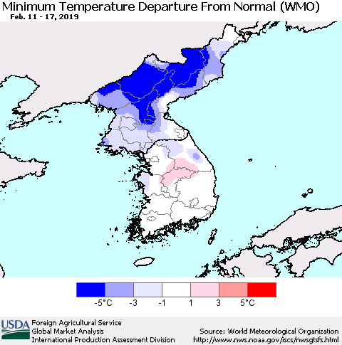 Korea Mean Minimum Temperature Departure from Normal (WMO) Thematic Map For 2/11/2019 - 2/17/2019