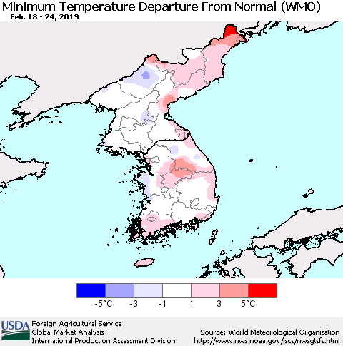 Korea Mean Minimum Temperature Departure from Normal (WMO) Thematic Map For 2/18/2019 - 2/24/2019