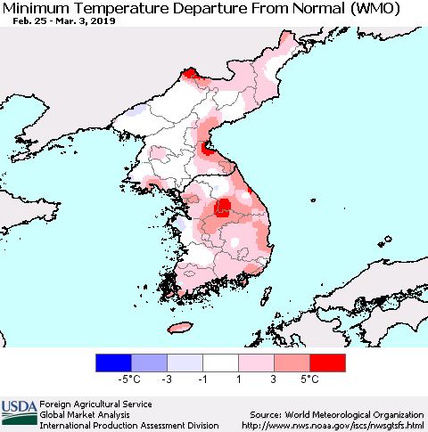 Korea Mean Minimum Temperature Departure from Normal (WMO) Thematic Map For 2/25/2019 - 3/3/2019