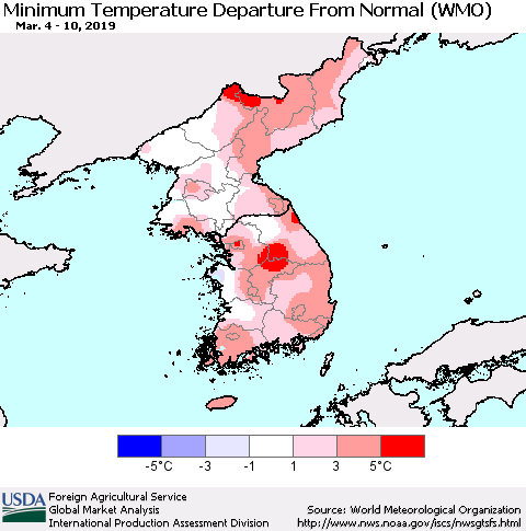 Korea Mean Minimum Temperature Departure from Normal (WMO) Thematic Map For 3/4/2019 - 3/10/2019