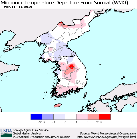 Korea Mean Minimum Temperature Departure from Normal (WMO) Thematic Map For 3/11/2019 - 3/17/2019