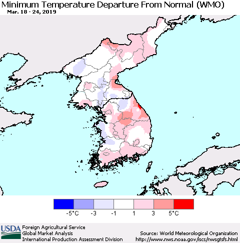 Korea Mean Minimum Temperature Departure from Normal (WMO) Thematic Map For 3/18/2019 - 3/24/2019