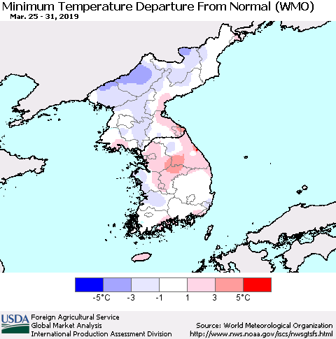 Korea Mean Minimum Temperature Departure from Normal (WMO) Thematic Map For 3/25/2019 - 3/31/2019