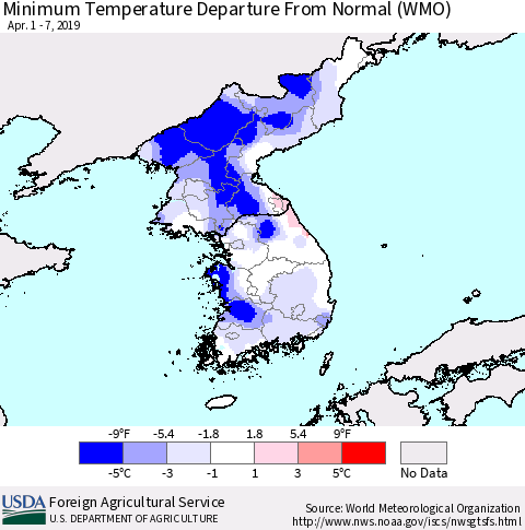 Korea Mean Minimum Temperature Departure from Normal (WMO) Thematic Map For 4/1/2019 - 4/7/2019