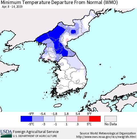 Korea Mean Minimum Temperature Departure from Normal (WMO) Thematic Map For 4/8/2019 - 4/14/2019