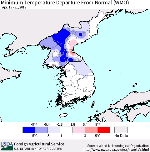 Korea Mean Minimum Temperature Departure from Normal (WMO) Thematic Map For 4/15/2019 - 4/21/2019