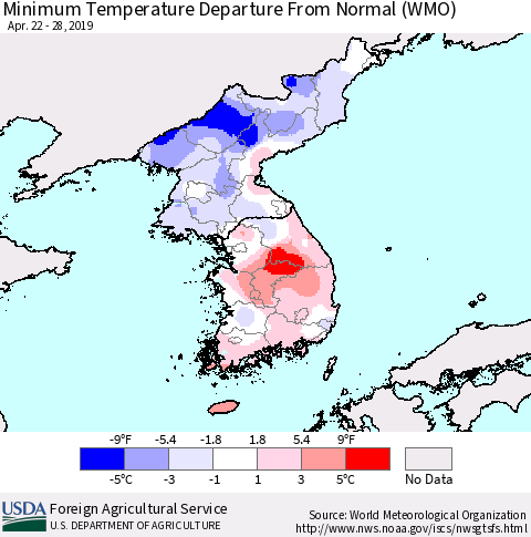 Korea Mean Minimum Temperature Departure from Normal (WMO) Thematic Map For 4/22/2019 - 4/28/2019