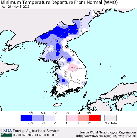 Korea Mean Minimum Temperature Departure from Normal (WMO) Thematic Map For 4/29/2019 - 5/5/2019