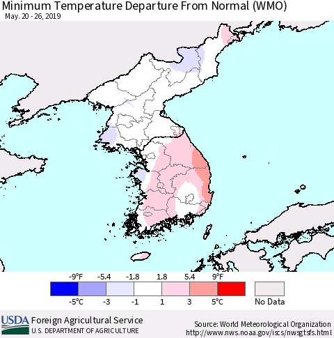 Korea Mean Minimum Temperature Departure from Normal (WMO) Thematic Map For 5/20/2019 - 5/26/2019