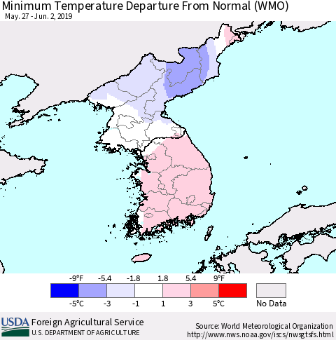 Korea Mean Minimum Temperature Departure from Normal (WMO) Thematic Map For 5/27/2019 - 6/2/2019