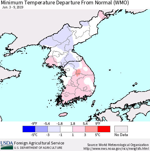 Korea Mean Minimum Temperature Departure from Normal (WMO) Thematic Map For 6/3/2019 - 6/9/2019
