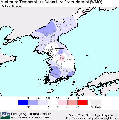 Korea Mean Minimum Temperature Departure from Normal (WMO) Thematic Map For 6/10/2019 - 6/16/2019