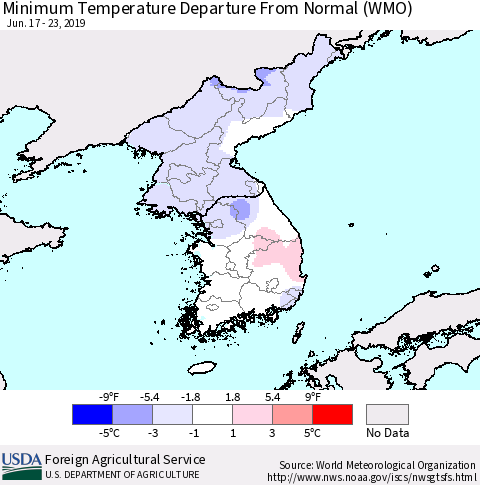 Korea Mean Minimum Temperature Departure from Normal (WMO) Thematic Map For 6/17/2019 - 6/23/2019