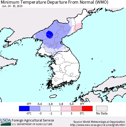 Korea Mean Minimum Temperature Departure from Normal (WMO) Thematic Map For 6/24/2019 - 6/30/2019
