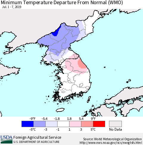 Korea Mean Minimum Temperature Departure from Normal (WMO) Thematic Map For 7/1/2019 - 7/7/2019