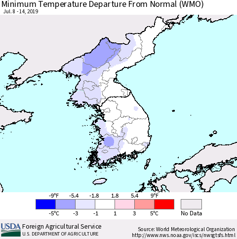 Korea Mean Minimum Temperature Departure from Normal (WMO) Thematic Map For 7/8/2019 - 7/14/2019