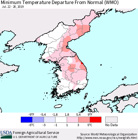 Korea Mean Minimum Temperature Departure from Normal (WMO) Thematic Map For 7/22/2019 - 7/28/2019