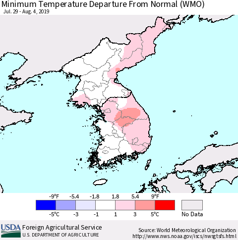 Korea Mean Minimum Temperature Departure from Normal (WMO) Thematic Map For 7/29/2019 - 8/4/2019