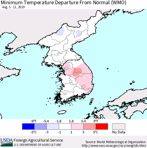 Korea Mean Minimum Temperature Departure from Normal (WMO) Thematic Map For 8/5/2019 - 8/11/2019